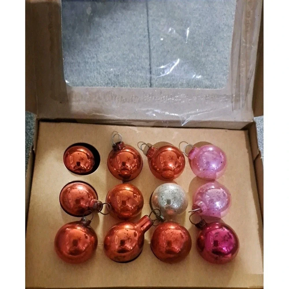 Vtg Shiny Brite USA Made Glass Christmas Tree Ornaments‎ 12-Pack Orig Box 1950s